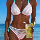 Bikiny v blokových farbách, sieť, patchwork, halter