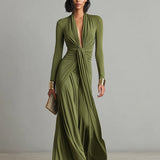 Vanessa - Vestido maxi em seda verde-oliva com decote em V