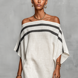 Maxi minimalistické dámske ľanové šaty s off-shoulder výstrihom a netopierími rukávmi