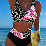 Bikini s leopardím vzorom a kvetinovým potlačou v kontrastnej farbe