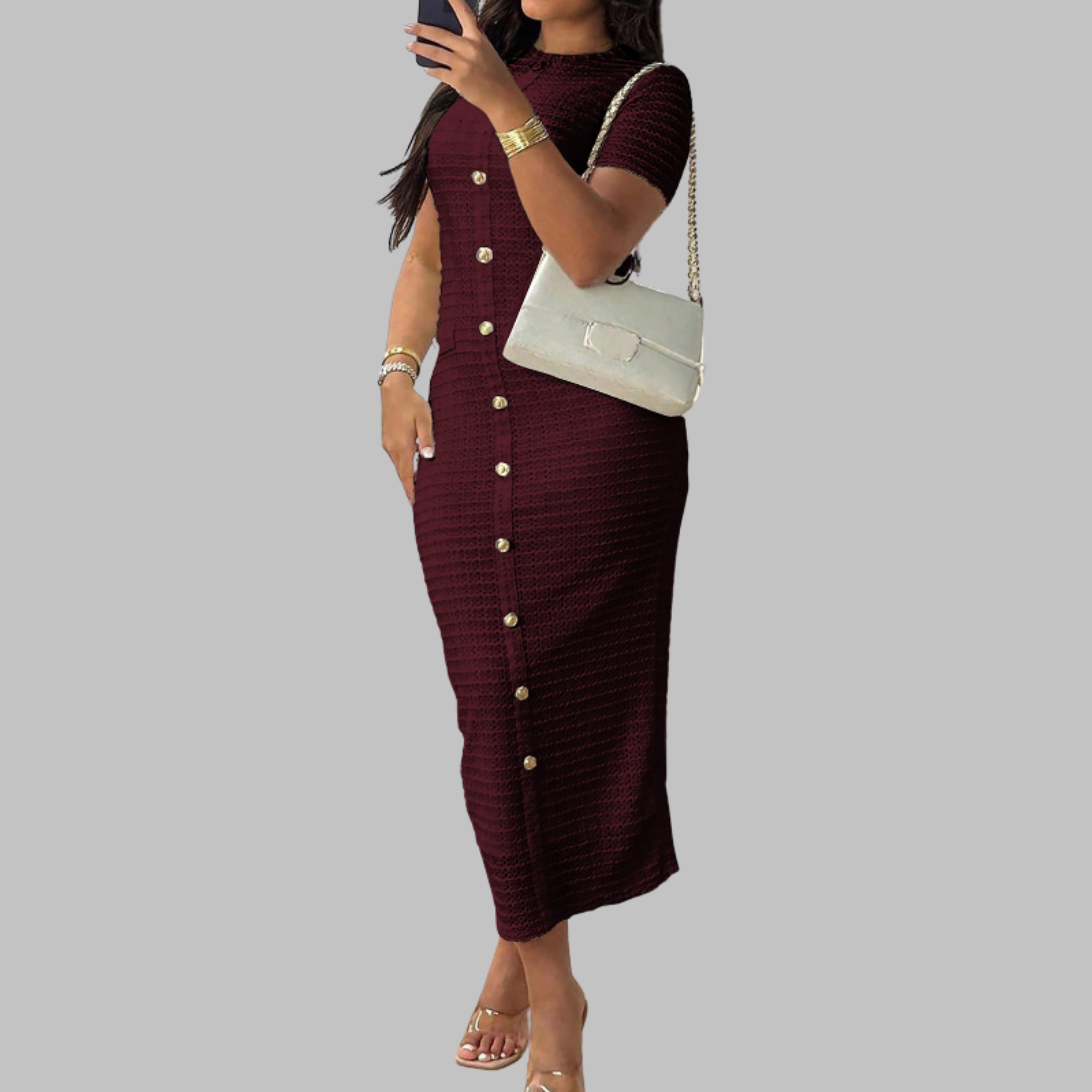 RACHEL™ - Elegantné šaty s okrúhlym výstrihom a falošnými gombíkmi