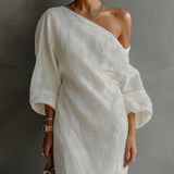 Elegantné off-shoulder šaty z bavlnenej-lenovej zmesi v slonovinovej farbe s voľným strihom