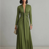 Vanessa - Vestido maxi em seda verde-oliva com decote em V