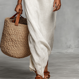 Maxi minimalistické dámske ľanové šaty s off-shoulder výstrihom a netopierími rukávmi