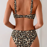 Bikini s Hranatým Výstrihom Bez Ramienok Leopardí Vzor