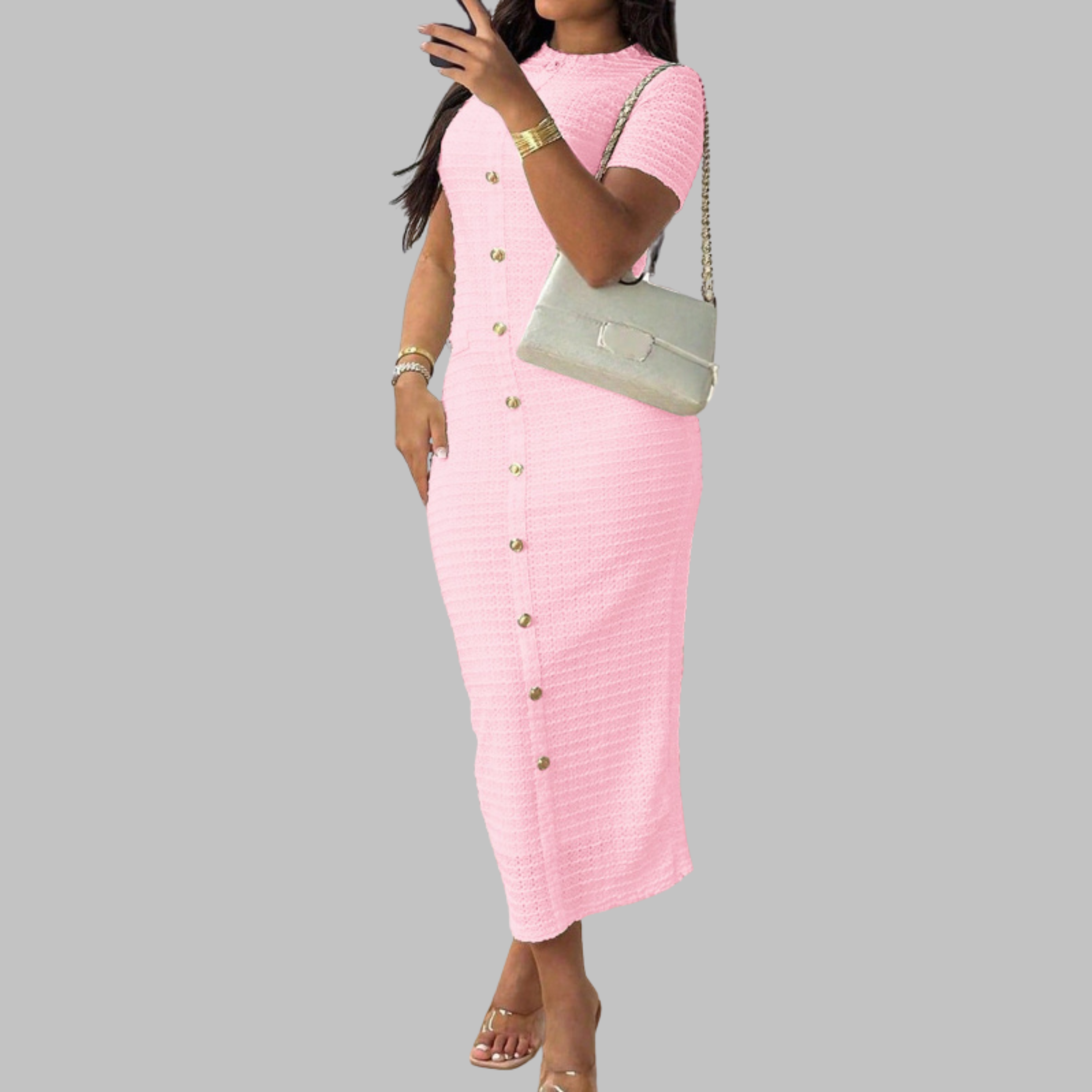 RACHEL™ - Elegantné šaty s okrúhlym výstrihom a falošnými gombíkmi