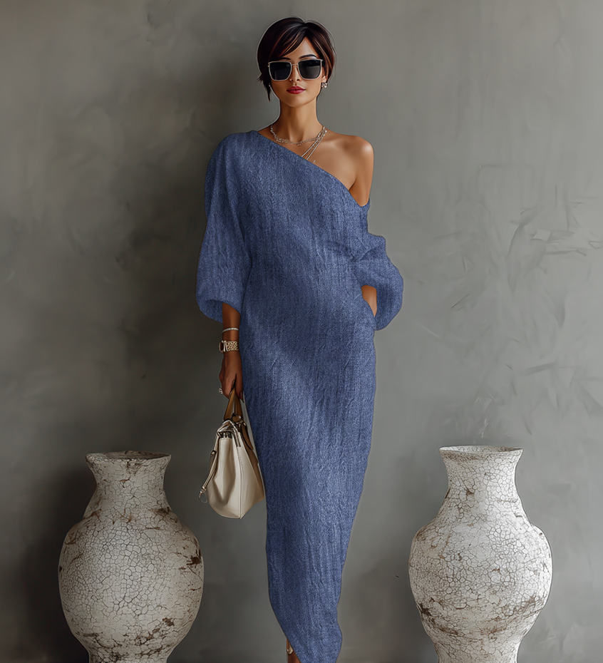 Elegantné off-shoulder šaty z bavlnenej-lenovej zmesi v slonovinovej farbe s voľným strihom