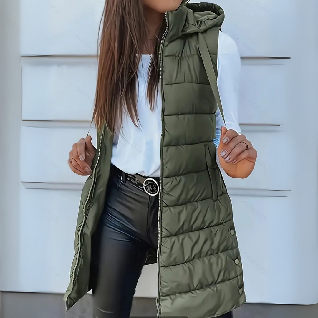 RAIN™ - Štýlová bezrukávová dlhá pufrová vesta s kapucňou