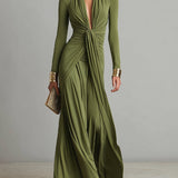 Vanessa - Vestido maxi em seda verde-oliva com decote em V