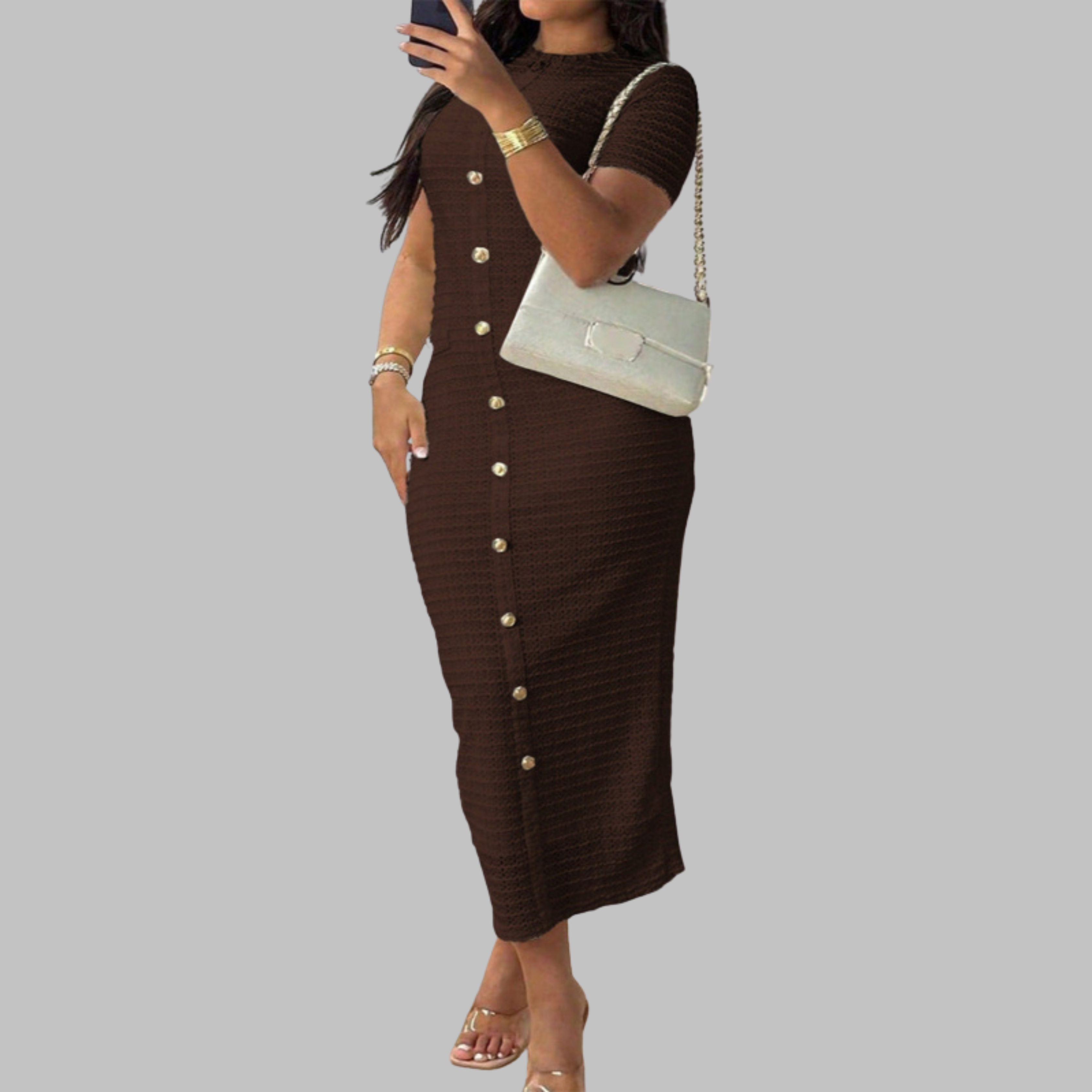 RACHEL™ - Elegantné šaty s okrúhlym výstrihom a falošnými gombíkmi