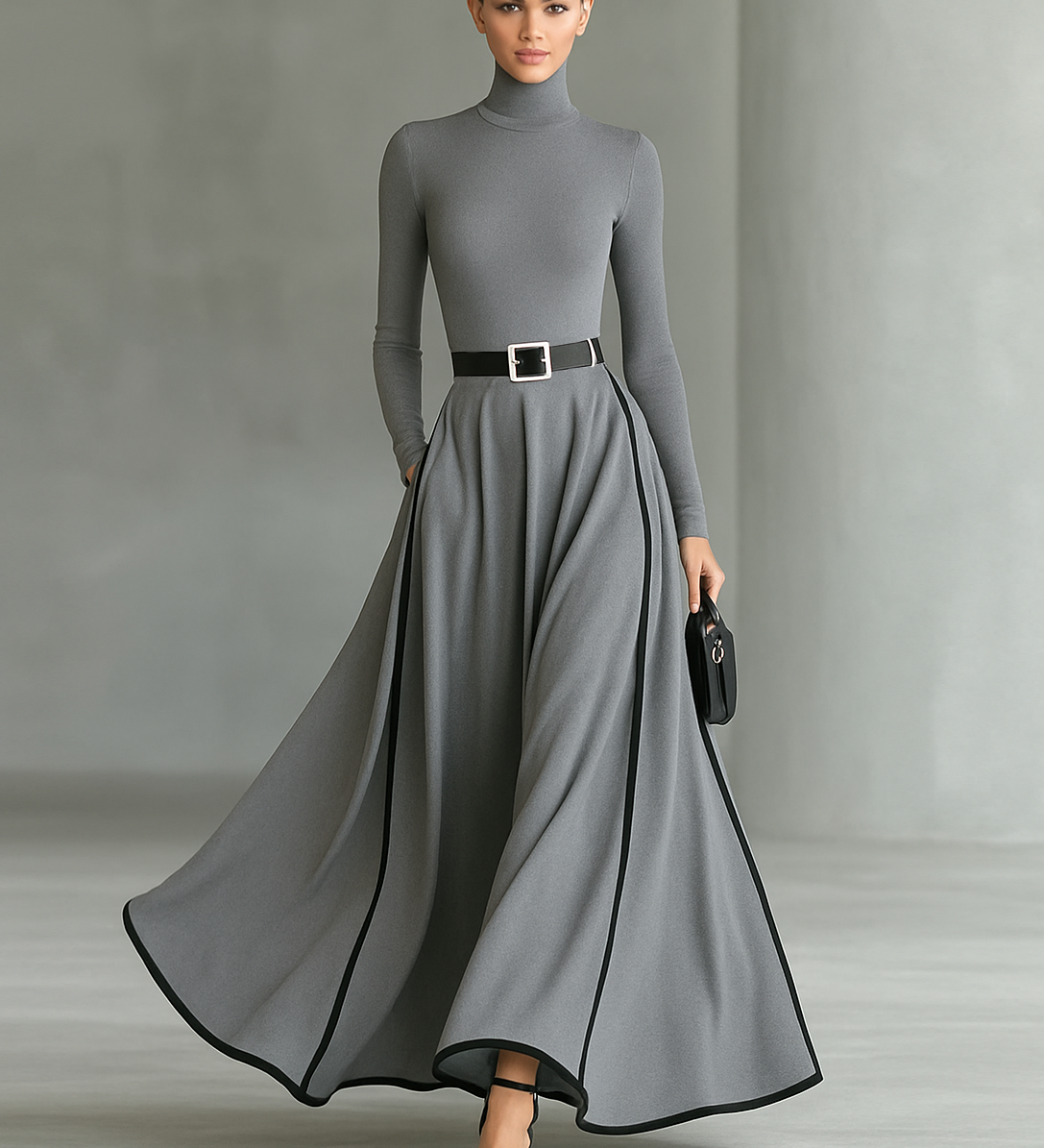 Čierne Maxikleid s Bielymi Švami, Vysokým Golierom, Dlhými Rukávmi a Tvarovaným Strihom