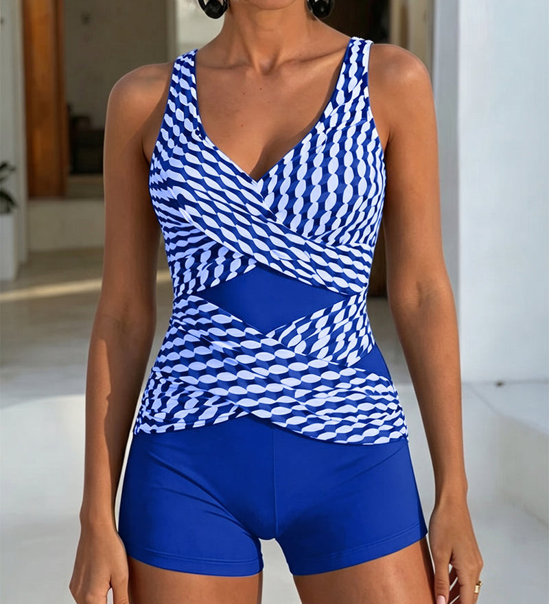 Tankini s geometrickým vzorom a krížovým dizajnom