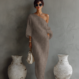 Elegantné off-shoulder šaty z bavlnenej-lenovej zmesi v slonovinovej farbe s voľným strihom
