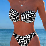 Bikiny bez ramienok s geometrickým vzorom Bandeau