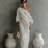 Elegantné off-shoulder šaty z bavlnenej-lenovej zmesi v slonovinovej farbe s voľným strihom