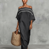 Maxi minimalistické dámske ľanové šaty s off-shoulder výstrihom a netopierími rukávmi