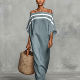 Maxi minimalistické dámske ľanové šaty s off-shoulder výstrihom a netopierími rukávmi