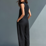 Bezrukávový overal z minimalistickej zmesi ľanu s stojacím golierom