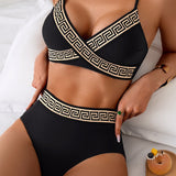 Bikini Padrão Kľúč Grécky Prekrížený Výstrih Vysoký Pás