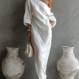 Elegantné off-shoulder šaty z bavlnenej-lenovej zmesi v slonovinovej farbe s voľným strihom