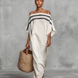 Maxi minimalistické dámske ľanové šaty s off-shoulder výstrihom a netopierími rukávmi