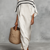 Maxi minimalistické dámske ľanové šaty s off-shoulder výstrihom a netopierími rukávmi