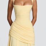Valentina - Vestido maxi com decote em coração e franzido assimétrico