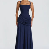 Valentina - Vestido maxi com decote em coração e franzido assimétrico